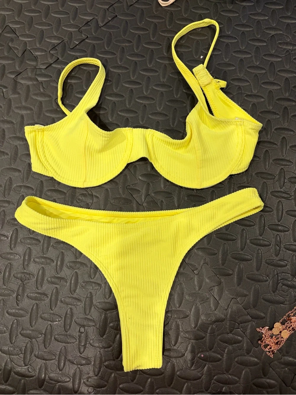 Frankie's Bikinis Neon Yellow Ribbed Bikini Set Bottom Top